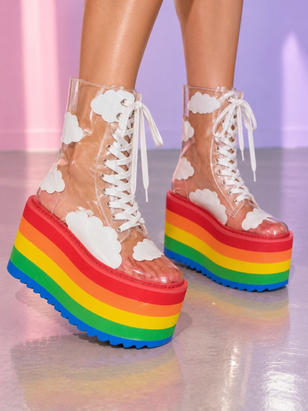 Current Mood Happy Daze Rainbow Cloud Platform Shoes Size 8 Rave Festival Pride